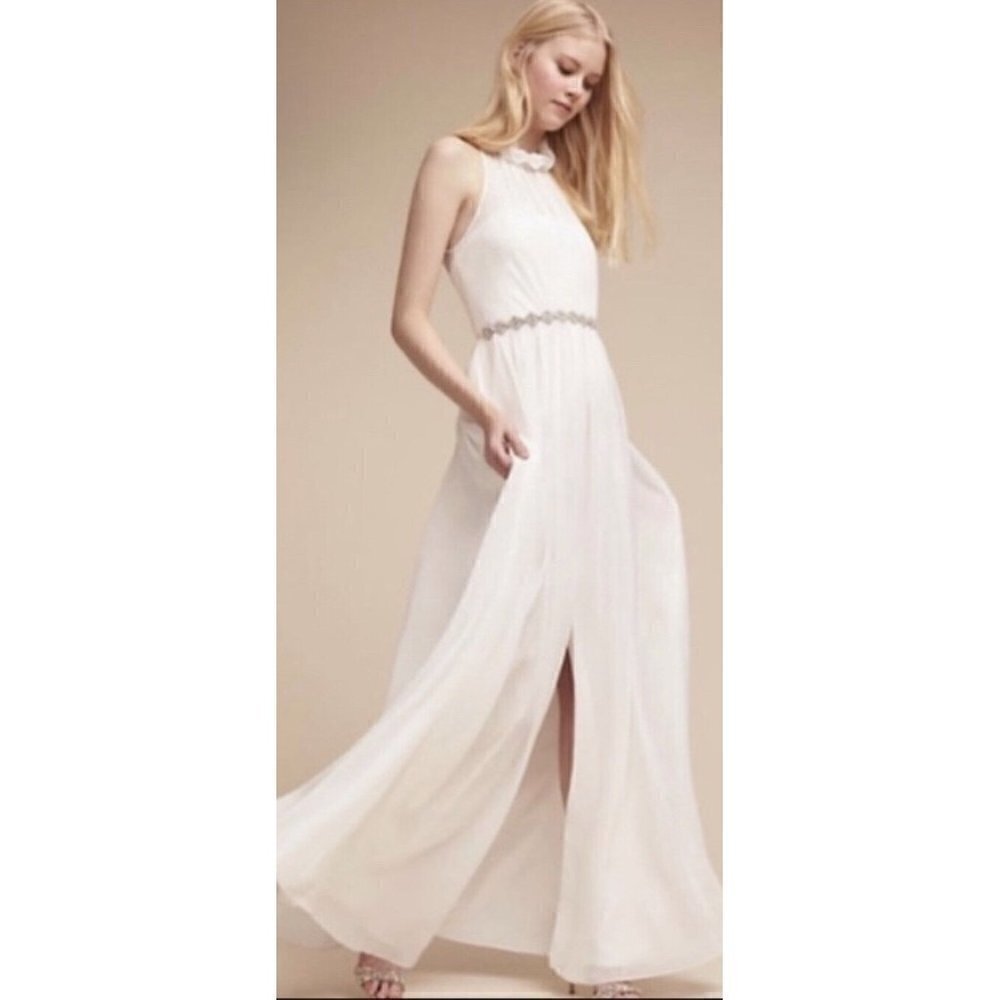 Hitherto Anthropologie Womens Size 2 Ivory Silk Ruffled Long Formal Dress Gown‎